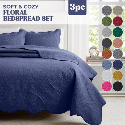 Floral-Pattern Three-Piece Bedspread Set in 16 Colors with Twin, Queen, King and California King Sizes