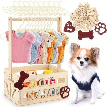 Wooden Pet Wardrobe Storage Box 20"x13"x9" – Dog & Cat Toy Organizer with Hanging Pole & PET Letters | Easy Assemble Basket for Pet