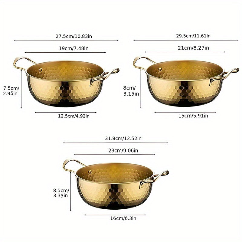 Hammered Gold-Tone Stainless Steel Ramen Pot Set with Three Lidded Sizes and Dual Loop Handles