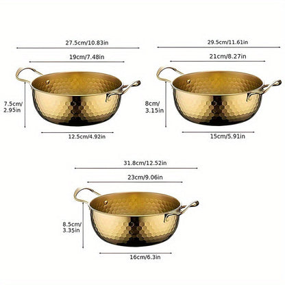 Hammered Gold-Tone Stainless Steel Ramen Pot Set with Three Lidded Sizes and Dual Loop Handles