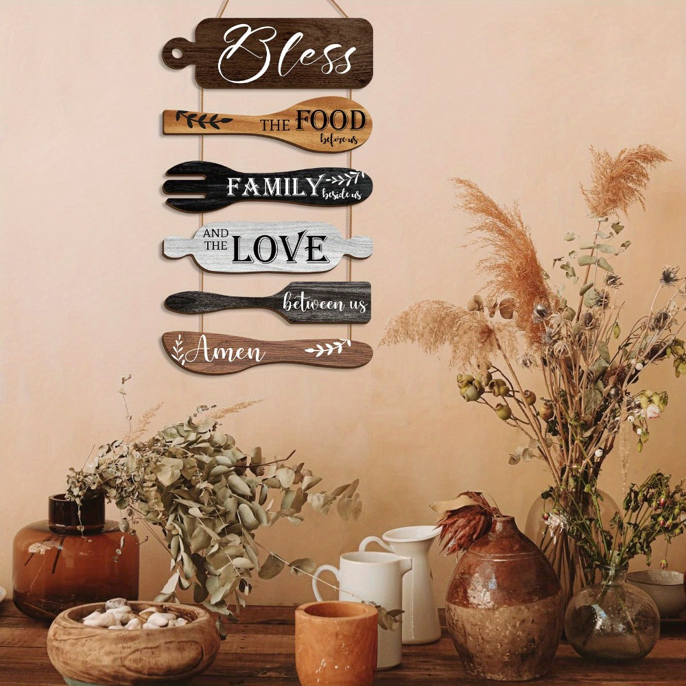 Farmhouse Wall Decor Wood Sign Set – "Bless The Food Before Us" Rustic Kitchen Dining Room Hanging Plaque