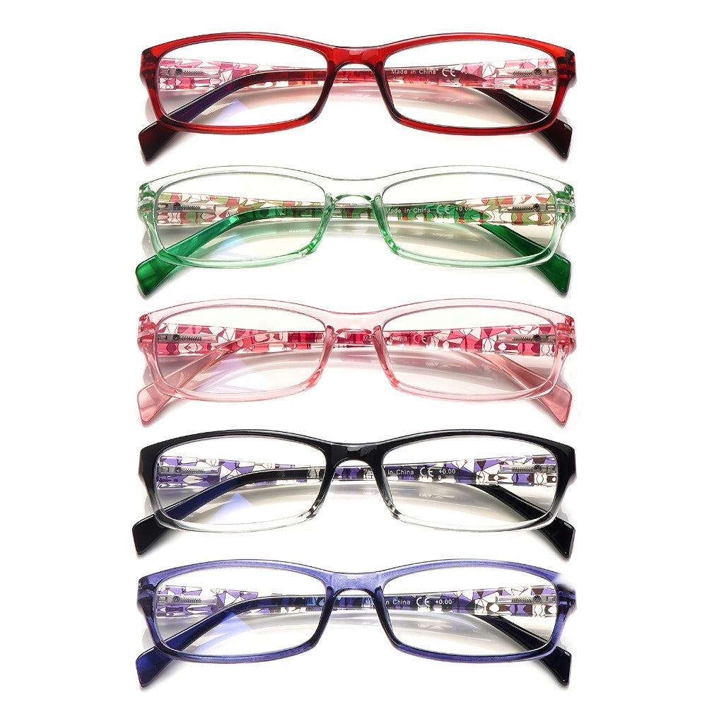 Reading Glasses – Five-Pair Rectangular Set with Spring Hinges and Mixed Colors with Multiple Strength and Color Options
