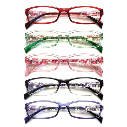Reading Glasses – Five-Pair Rectangular Set with Spring Hinges and Mixed Colors with Multiple Strength and Color Options