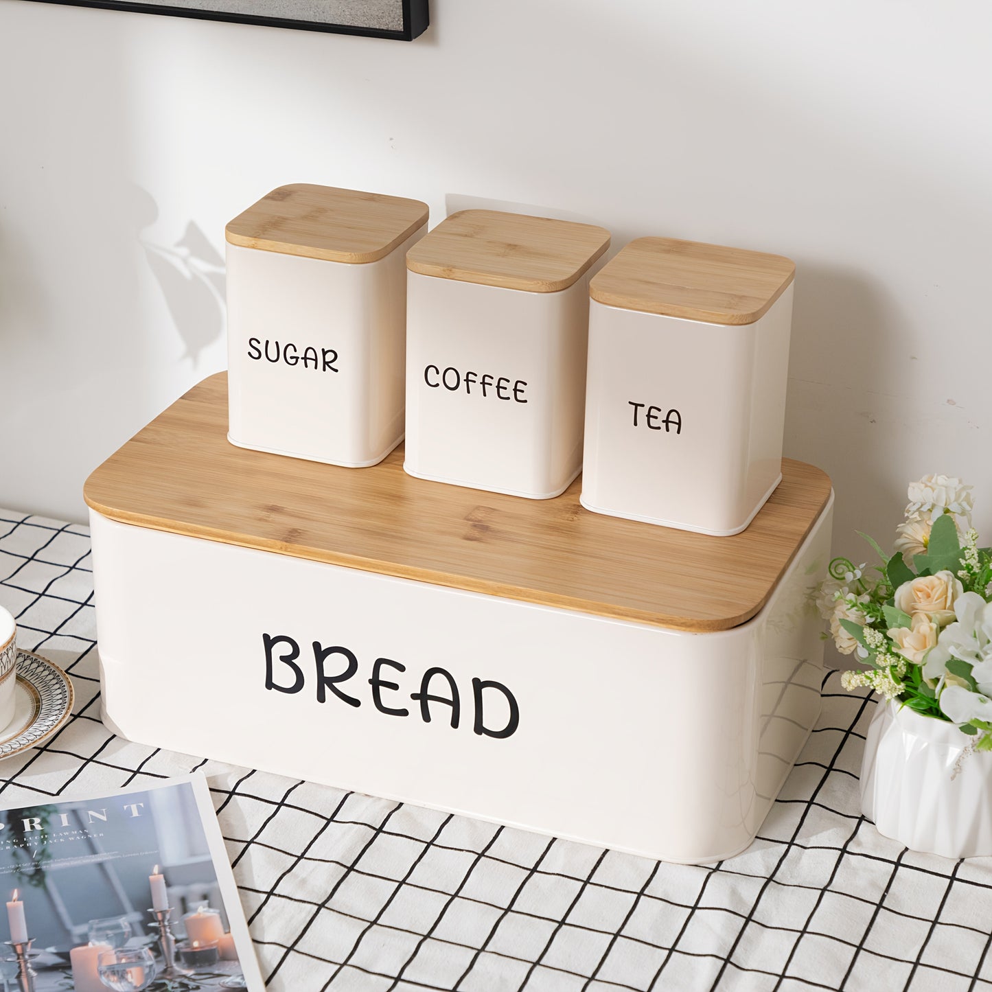 Bread Box with 3 Jars Set for Kitchen Countertop, Metal Bread Box with Bamboo Board Cover, Coffee Sugar Tea Canisters