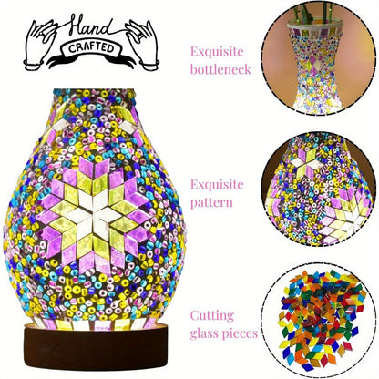Mosaic Vase Lamp Turkish Moroccan Handmade Colorful Glass Table Lamp with Wooden Base, USB Plug-In Boho Night Light