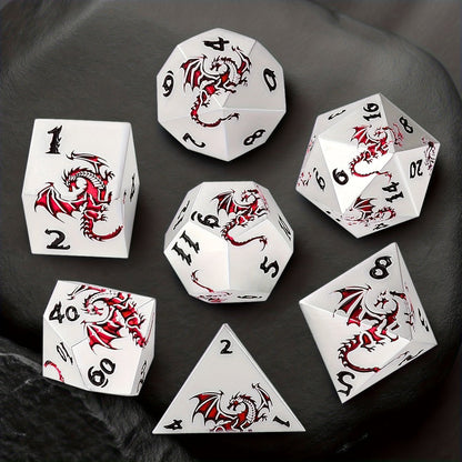 Dragon Metal Dice Set 7pcs Hand-Polished, Retro Carved Dragon Pattern Polyhedral DnD TTRPG RPG Dice with Dragon Storage Bag