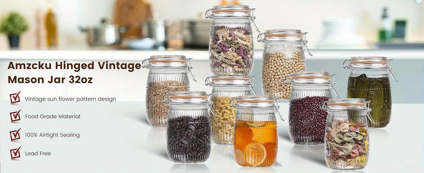 Mason Jars 6-Pack, 32 oz Wide-Mouth Glass Canisters with Hinged Lids and Sunflower Pattern for Coffee, Sugar, Beans and Spices