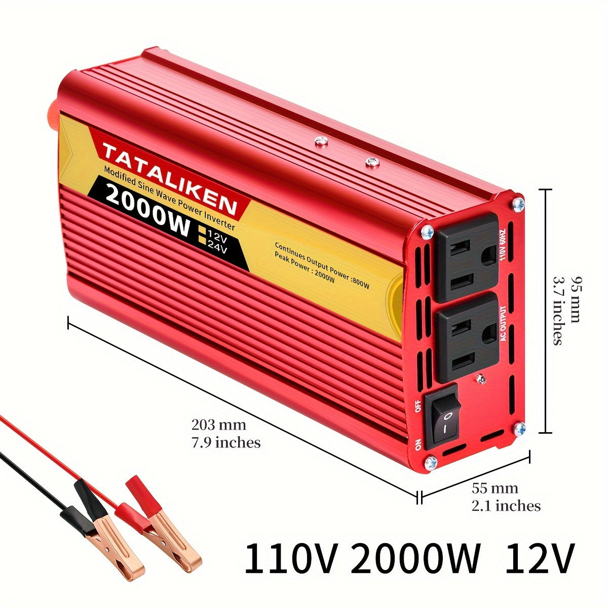 Red 2000W-Labeled Car Power Inverter with 12V Battery Clamp Leads, 110V AC Outlets and Cooling Fan