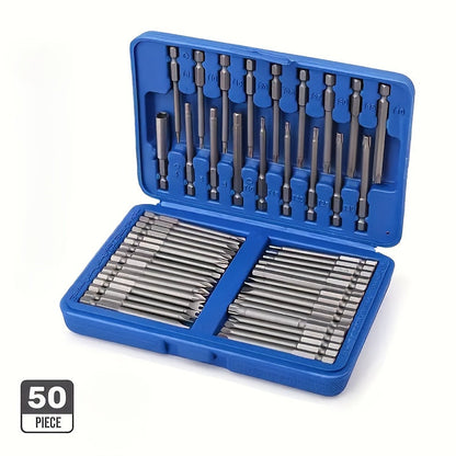 Magnetic Screwdriver Bits Set 50pcs – 75mm Extended Security Bits, 1/4" Hex Shank, Torx Star Hex Spline, for Power Drills & Hand