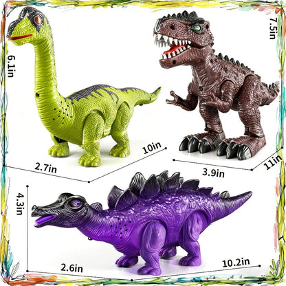 Electric Walking Dinosaur Toys Set of 3 with Sound, Light & Walking Functions, Interactive Moving Dino Toy Collection