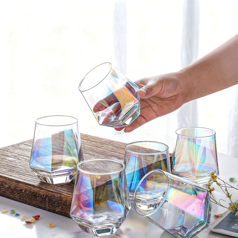 Six-Piece Iridescent Stemless Wine Glass Set with Faceted Bowls, Round Rims and Thick Clear Bases