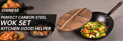 Carbon Steel Wok Pan 12.6 Inch with Lid & 10 Accessories, Uncoated Chinese Stir Fry Wok, Flat Bottom for Electric Induction Gas Stoves