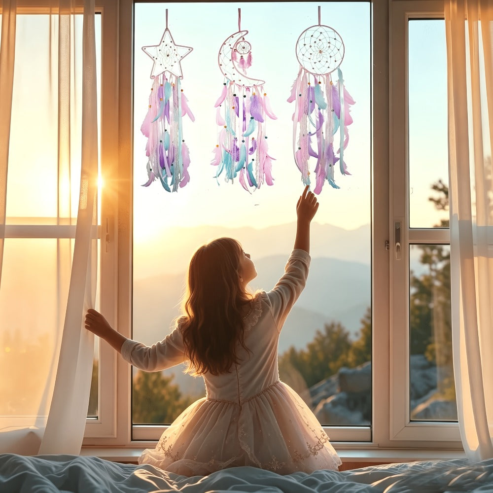 Dream Catcher Set of 3 - Moon Sun Star Wall Hanging Decor for Bedroom, Boho Room Decor for Teen Girls Kids
