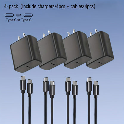 Four-Pack USB-C Wall Charger Bundle with Four Black Charging Blocks and Four Type-C Cables