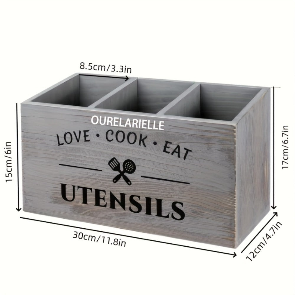 Wooden Cutlery Storage Box with Grid Compartments Chopstick Organizer Rack with Metal for Home Cooking, Dining and Outdoor Meals