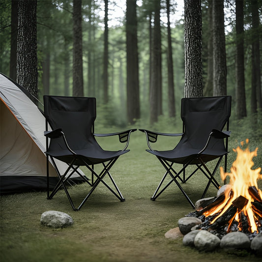 Set of Two Folding Camping Chairs with Cup Holders, Carry Bags, 82 cm Back Height and Black, Navy, Blue, Green or Red Options