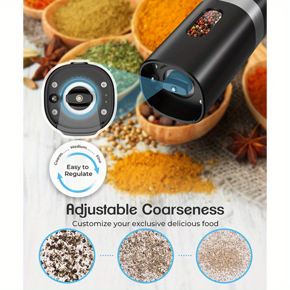 Electric Salt and Pepper Grinder Set 2-Pack Rechargeable with Charging Base & White Light - One-Hand Operation