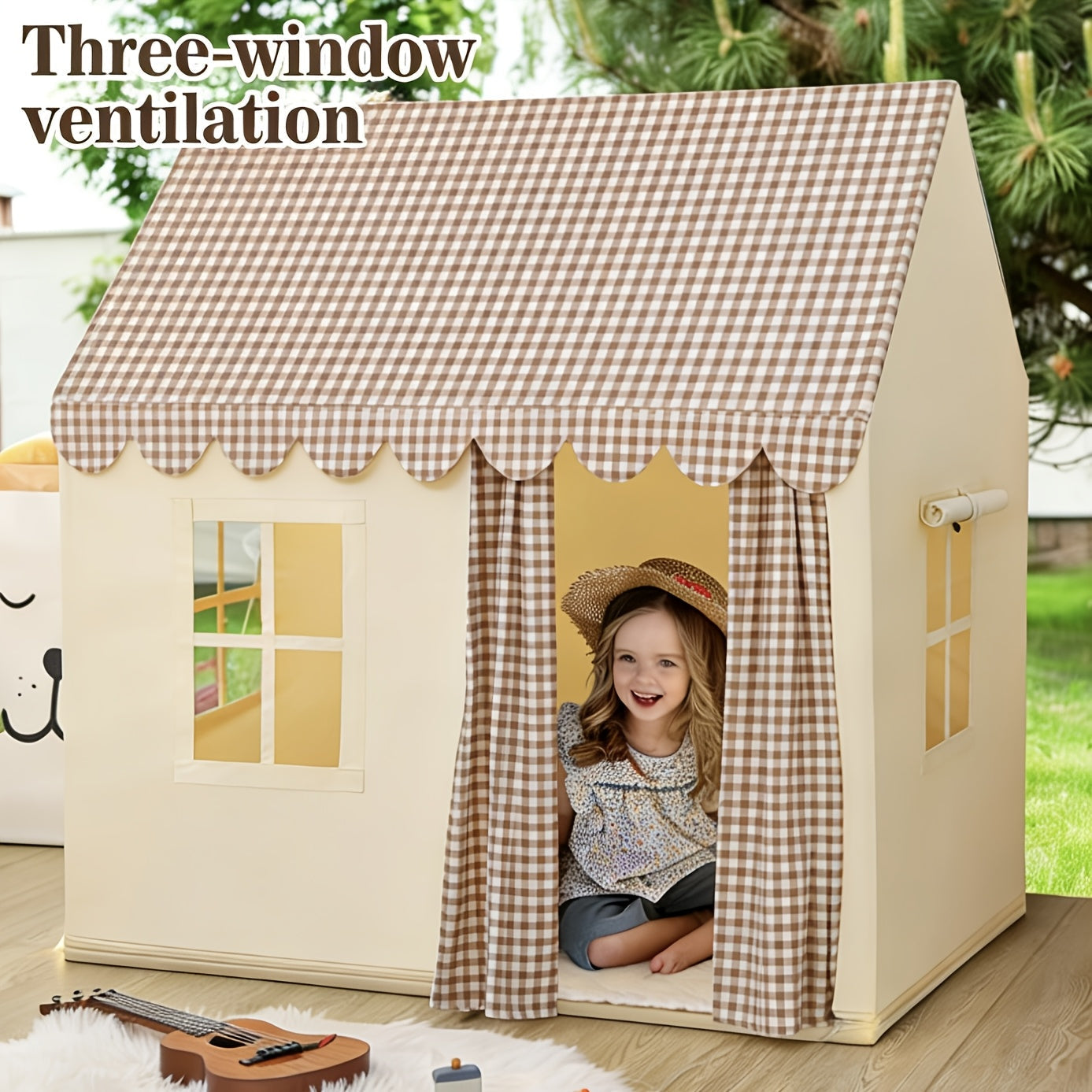 Brown Gingham Cabin Kids Play Tent with 130 x 120 x 106cm Frame, Three Windows and Storage Pouch