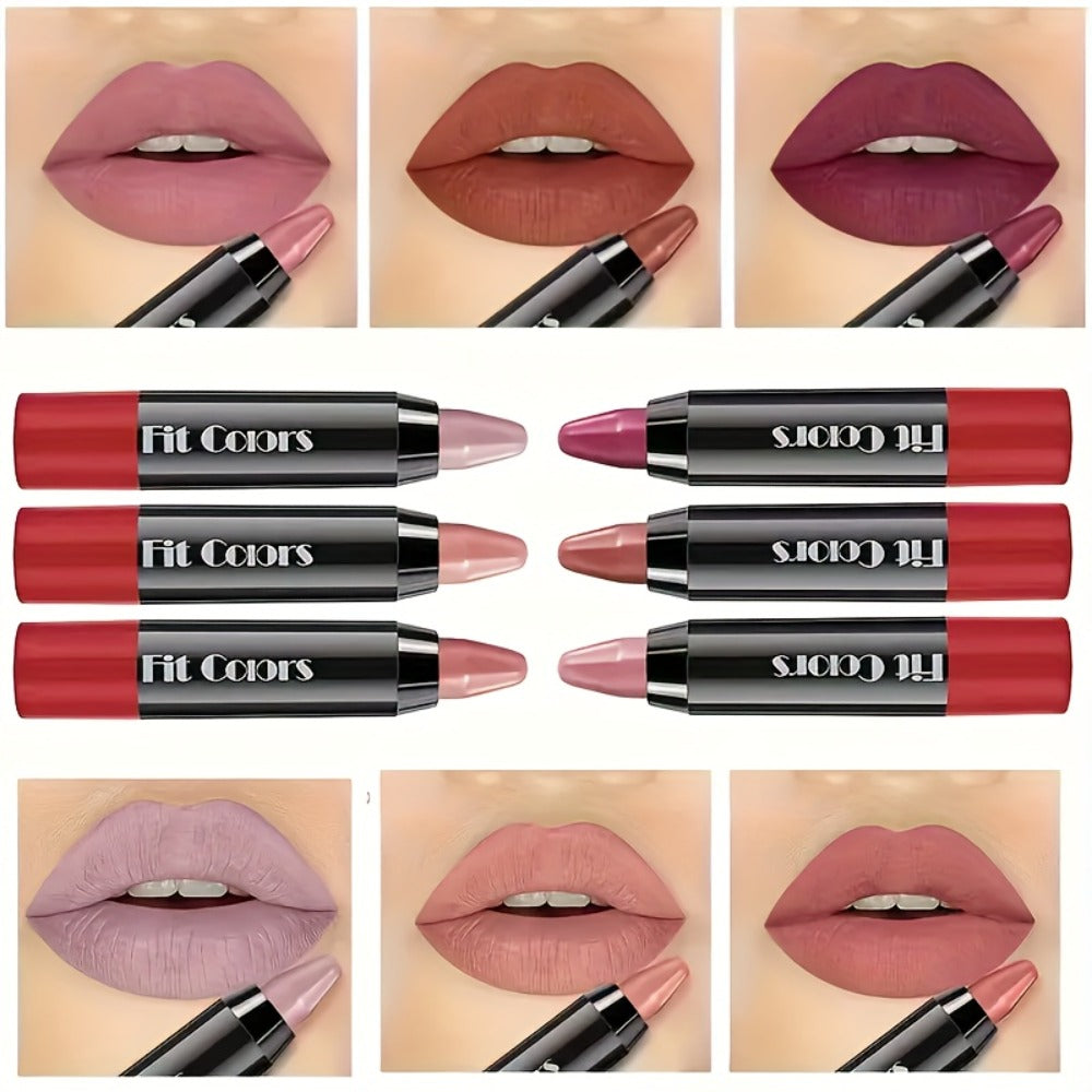 Lipstick Set, Fit Colors 6-Piece Velvet Matte Crayon Collection with Nude, Mauve and Berry Shades