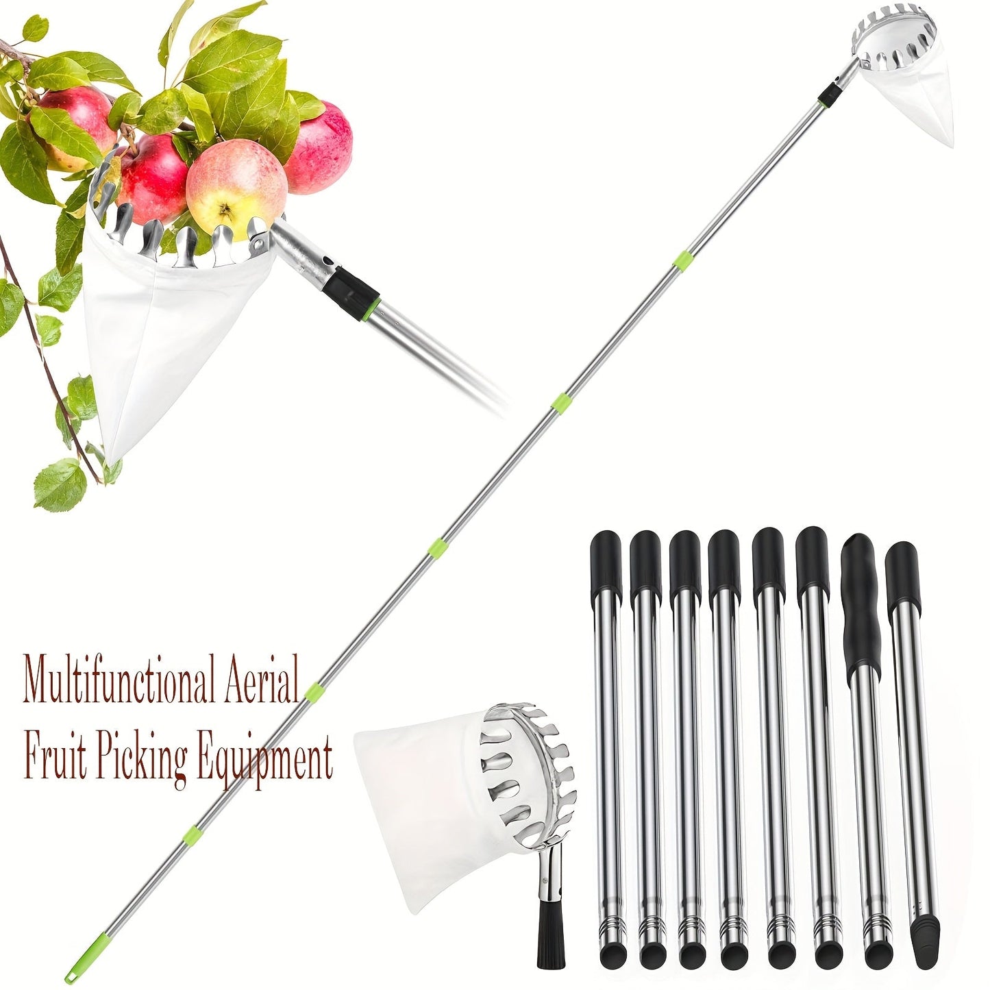 Stainless Steel Fruit Picker with Adjustable 63 to 157 Inch Extension Pole and Non-Slip Handle for Orchard Harvesting