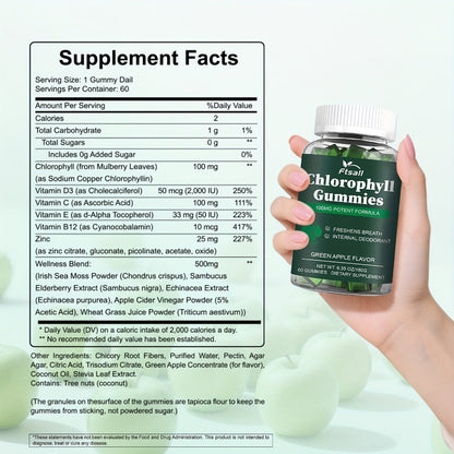 Chlorophyll Gummies 60 Count with Vitamin C D3 E B12 Zinc Irish Sea Moss Elderberry Echinacea & Apple Cider Vinegar