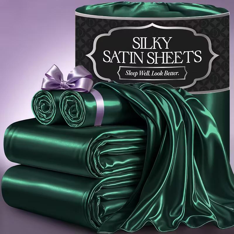 Sheet Set, Satin Bedding with 16-Inch Fitted Pocket, Three- or Four-Piece Size Configuration and Seven Solid Colors