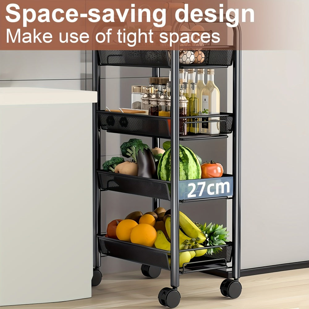 Rolling Storage Cart on Wheels – 3/4/5 Tier Carbon Steel Wire Basket Trolley, Black Metal Utility Cart for Kitchen, Bathroom, Bedroom