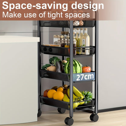 Rolling Storage Cart on Wheels – 3/4/5 Tier Carbon Steel Wire Basket Trolley, Black Metal Utility Cart for Kitchen, Bathroom, Bedroom