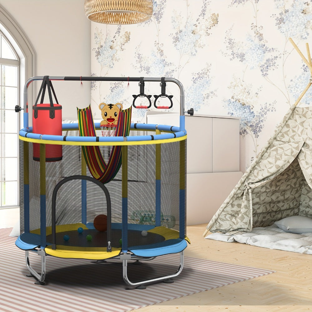 Kids Trampoline with Enclosure and Gymnastics Bar, 60" Height Adjustable Safety Net Trampoline for Toddlers Ages 3+