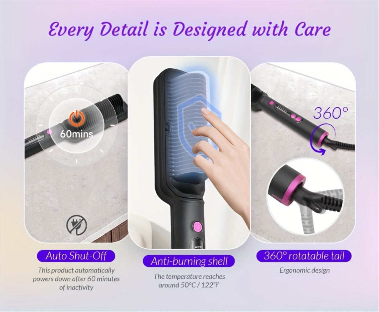 OD-6801 Black or OD-6806 Rose-Gold Heated Straightening Brush with Display, Glove and Three-Button Controls