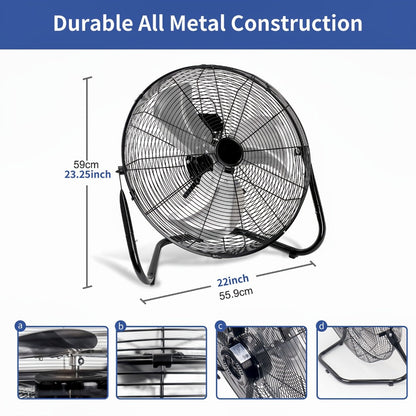 Industrial Floor Fan, Metal Stand Fan with 3 Speed Settings & 360° Tilt, High Velocity Airflow for Warehouse