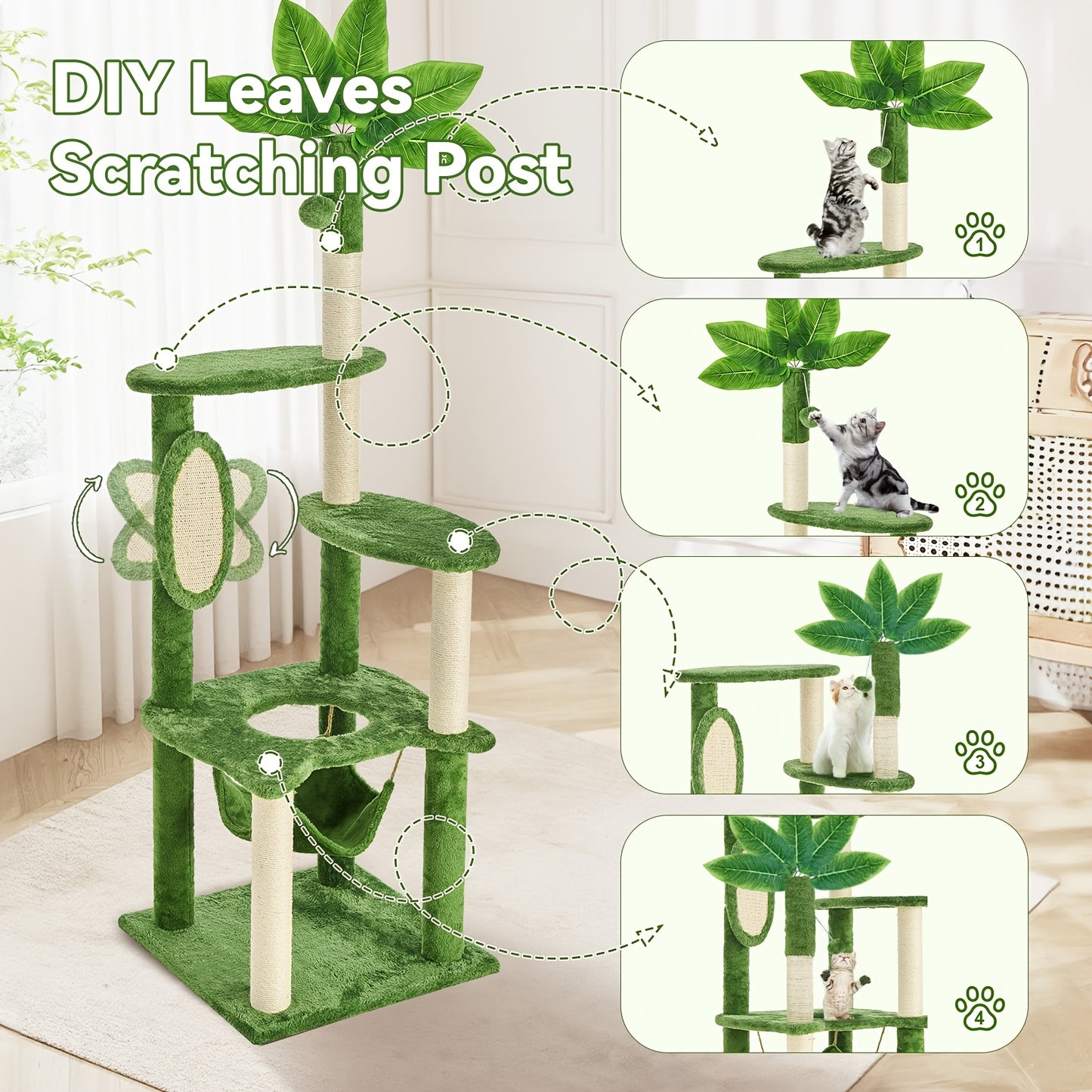 Cat Tree Tower 59 Inch Large Multi-Level Cat Tower for Indoor Cats with Plush Resting Area, Sisal Scratching Post & Hanging Ball Toy
