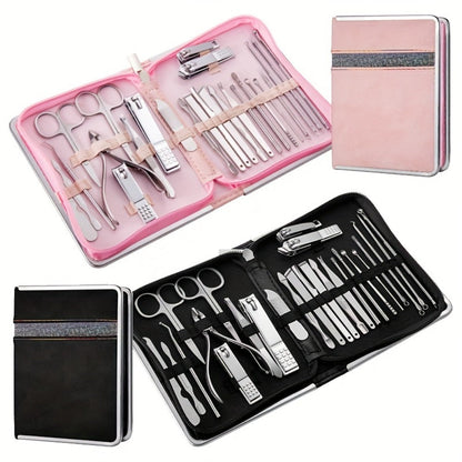 Manicure Pedicure Set 26pcs Pink Stainless Steel – Precision Nail Clippers Cuticle Nipper & Dead Skin Scissors 45° Blade Professional