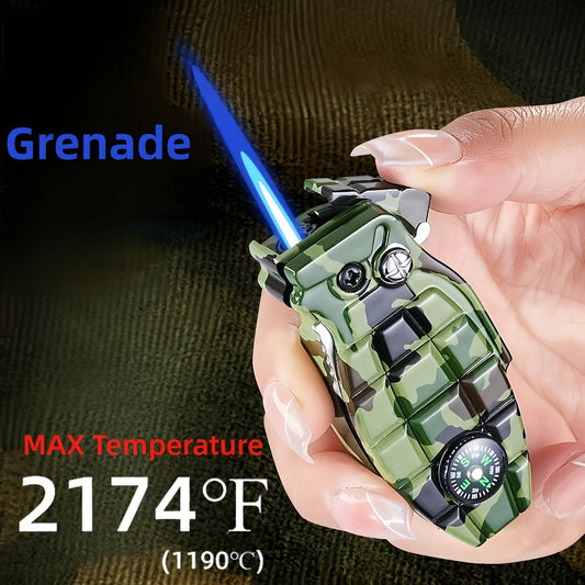 Camouflage Grenade-Shaped Butane Torch Lighter with Built-In Compass and 7.3 cm Body Height
