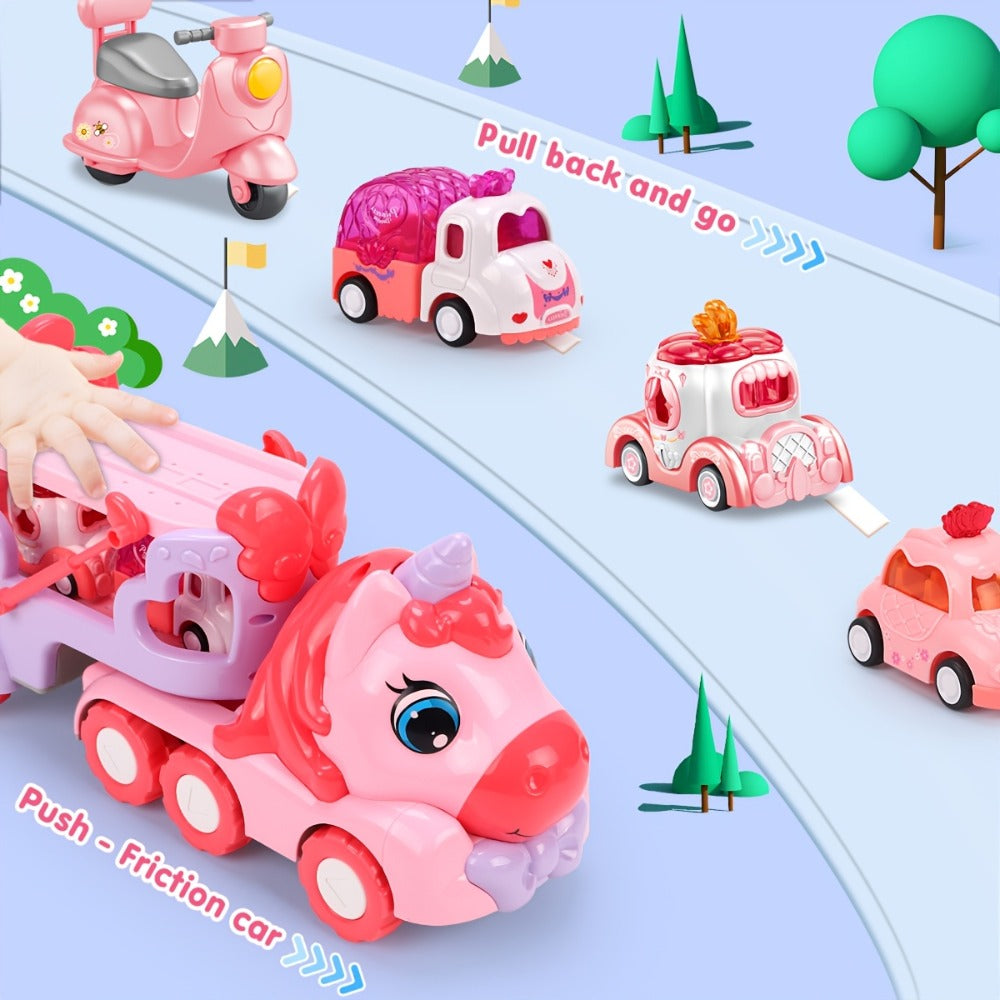 Pink Carrier Truck Toy with 4 Mini Cars, Music & Lights, Battery Powered Pull-Back Transport Vehicle for Girls Boys Ages 3+