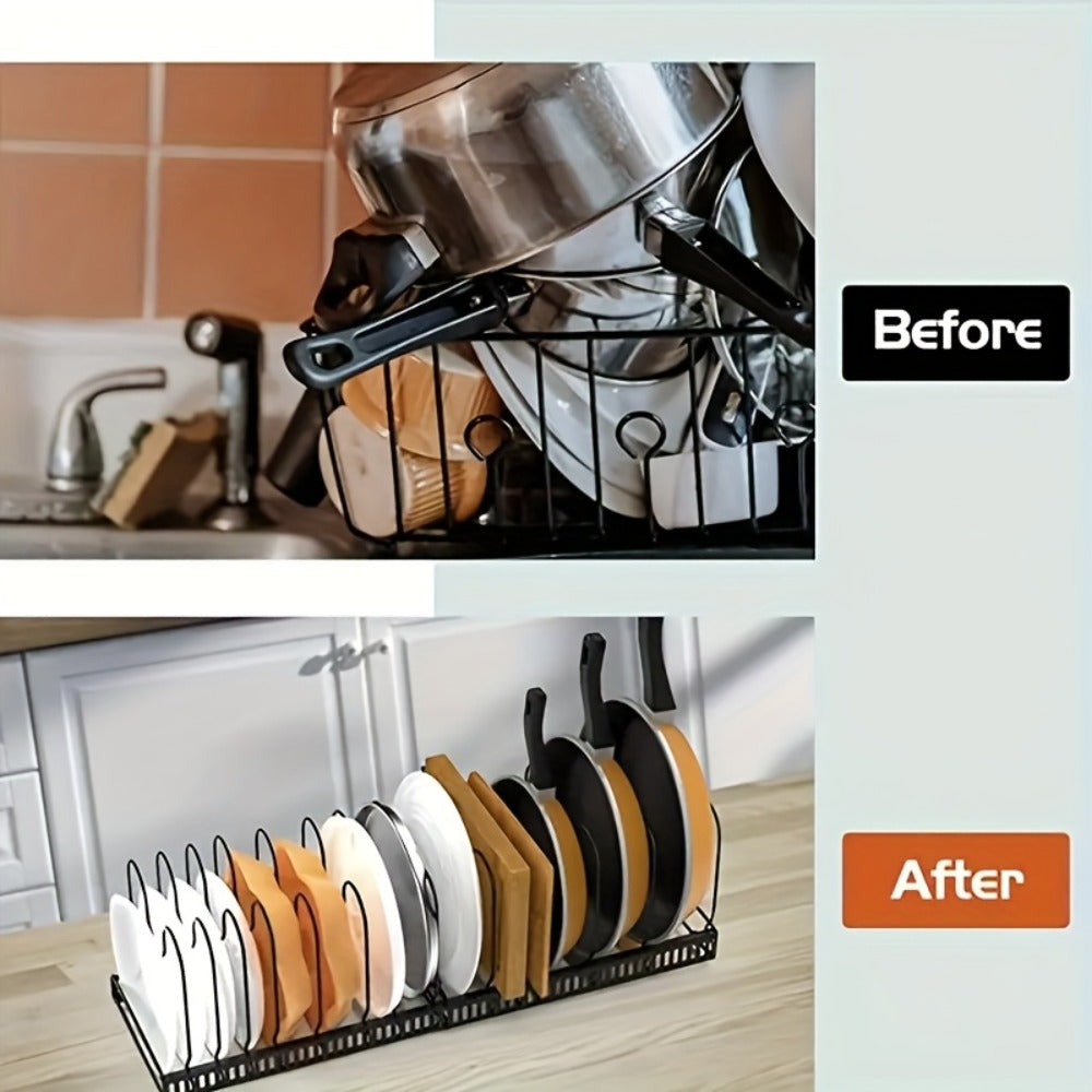 Dish Rack Kitchen Organizer Metal Plate-Slot Countertop Stand with Gold-Tone Accents in Black or White
