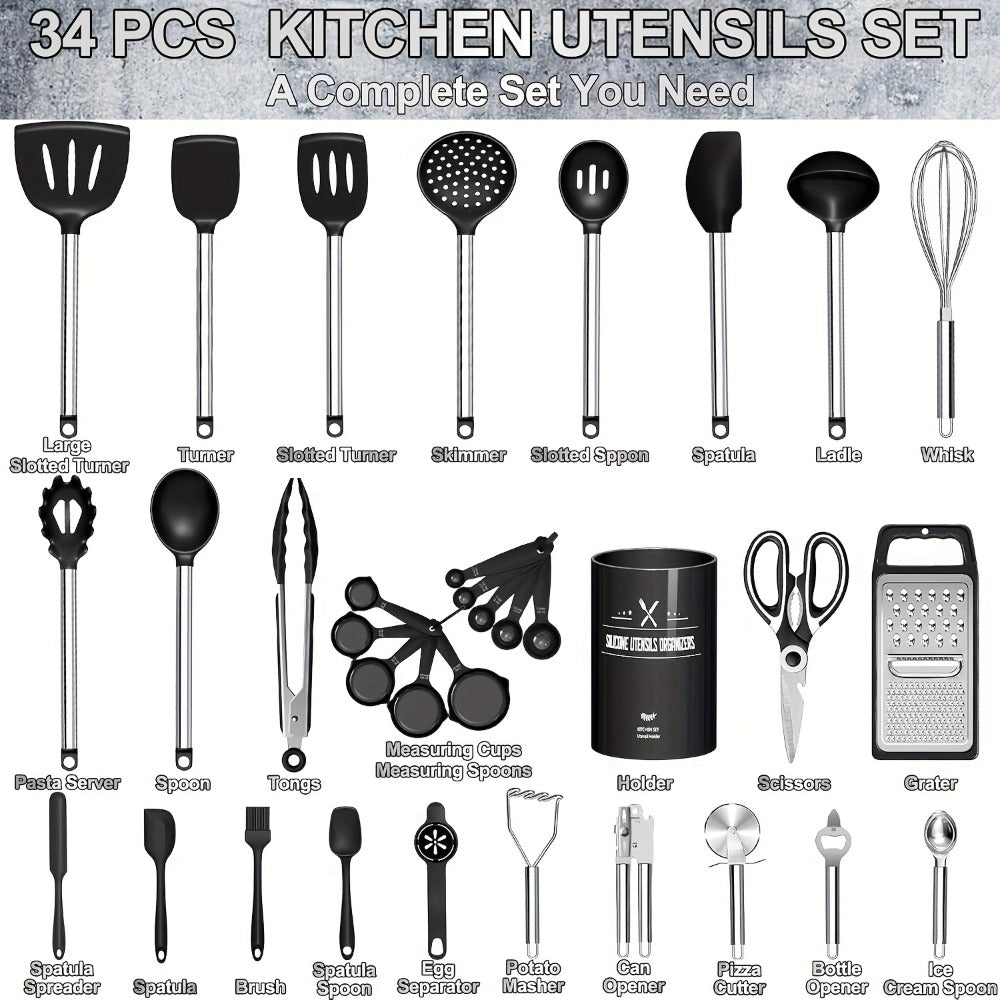 Kitchen Utensils 34-Piece Silicone and Stainless Steel Handle Set with Holder in Four Colors