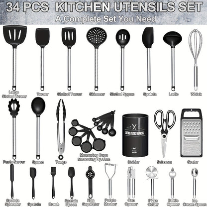 Kitchen Utensils 34-Piece Silicone and Stainless Steel Handle Set with Holder in Four Colors