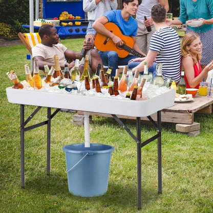 Ice Table Folding 4 ft Portable Cooler Table with Drain & Removable Skirt, Fill and Chill Party Beverage Station for BBQ