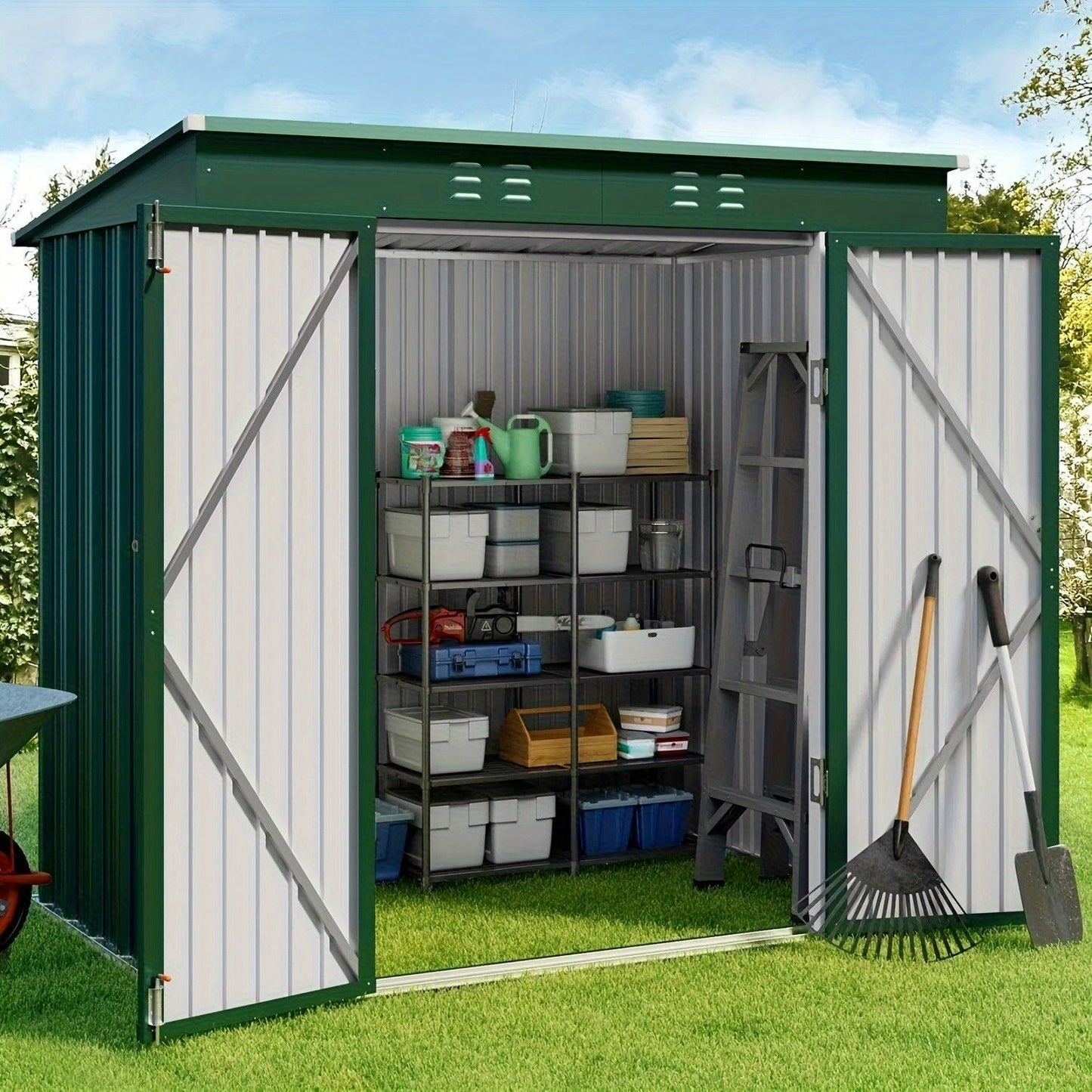 Metal Outdoor Storage Shed with Double or Single Doors in Grey, Green or Brown Checkout Models