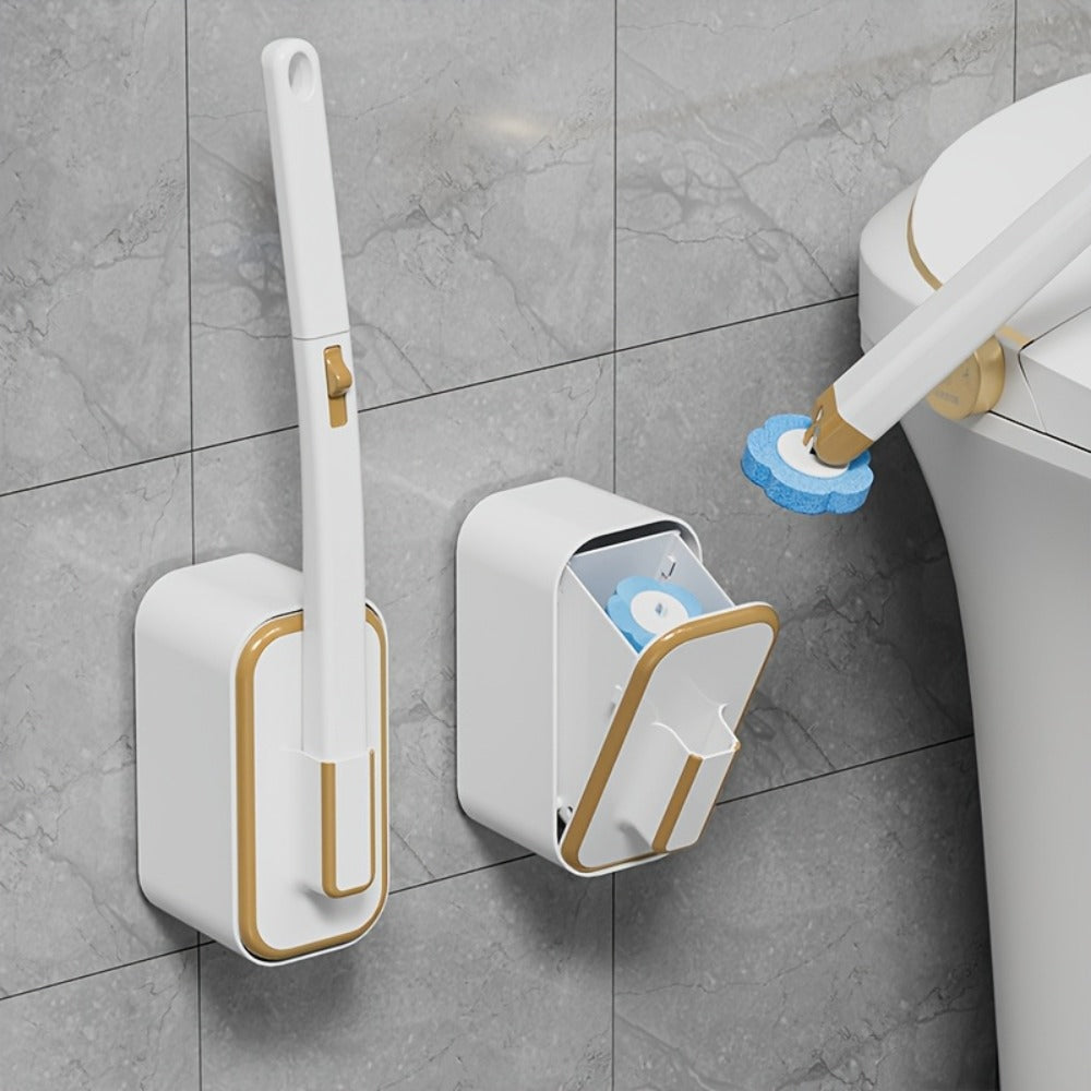 Wall-Mounted Toilet Brush Set with 8 Disposable Heads | No-Drill Easy Install, Long Handle Bathroom Cleaning Brush
