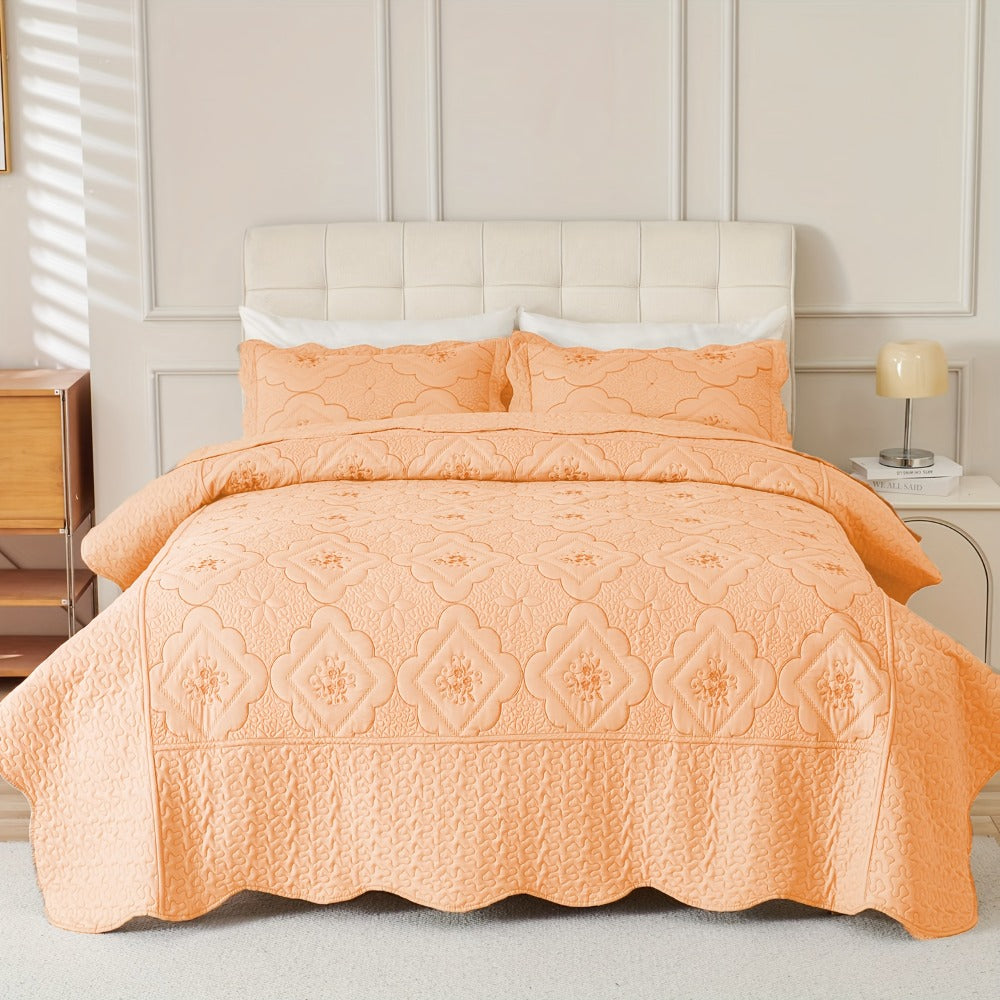 Quilt Set 3 Piece Floral Embroidery Bedspread – 100% Polyester Wrinkle Resistant Lightweight Quilted Coverlet with 2 Pillow Shams for Full