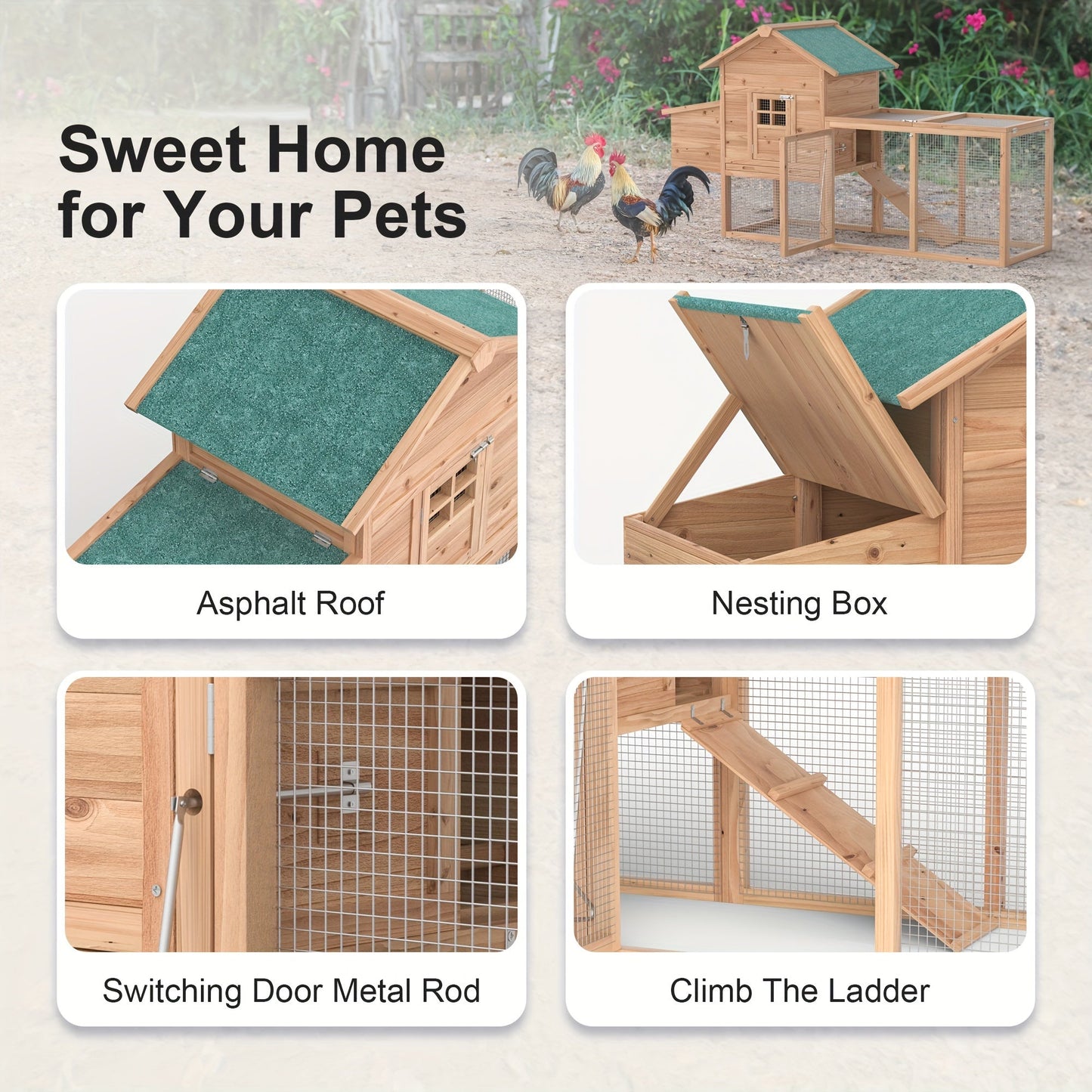 Wooden Rabbit Hutch Outdoor Chicken Coop with Run Nesting Box Ramp Sliding Tray Asphalt Roof Fir Wood for Garden, Patio and Yard Use