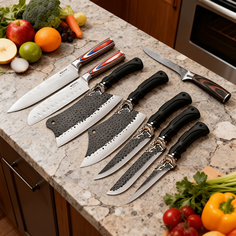 Kitchen Knife Set 8-Piece 5Cr15MoV Stainless Steel with Hammered Blades, Wood-Style Handles and Shears Options