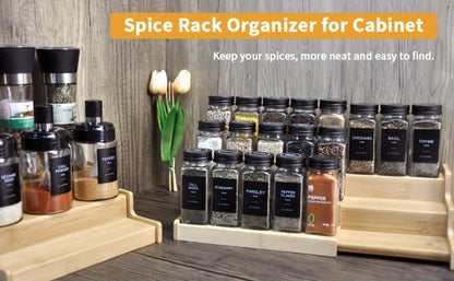 Expandable Bamboo Spice Rack with Three Stepped Tiers, 9.5-15.7-Inch Width and One- or Two-Piece Options