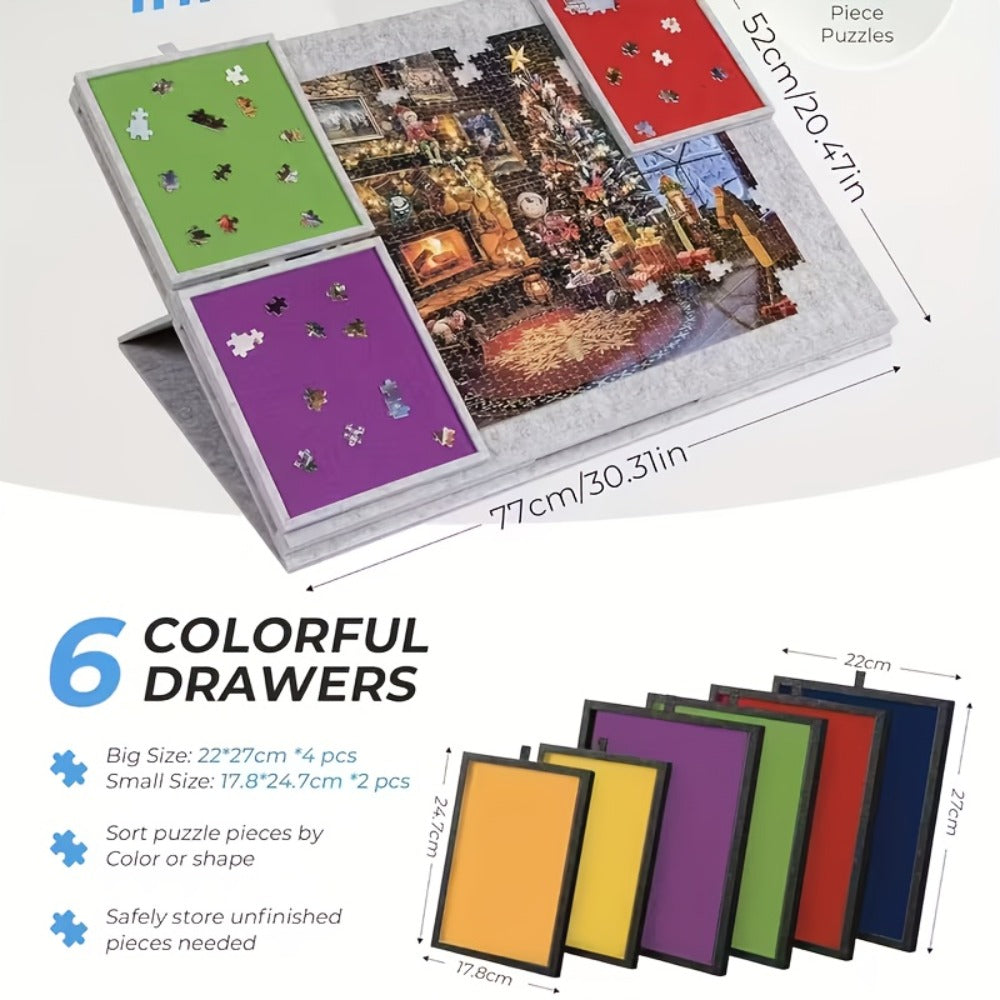 Dark-Gray Tilting Puzzle Board with Six Colored Drawers, Folding Stand and 1000-Piece Label