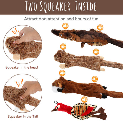 Dog Toys Five-Piece Stuffing-Free Plush Animal Set with Two Squeakers per Toy and Bonus Cotton Rope