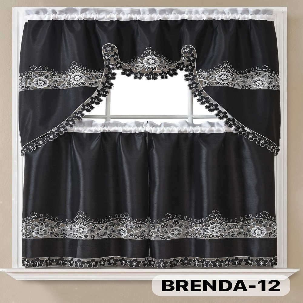 Kitchen Curtains 3 Piece Set Embroidered Satin Valance and Tiers – Rod Pocket Light Filtering Machine Washable 46 Colors