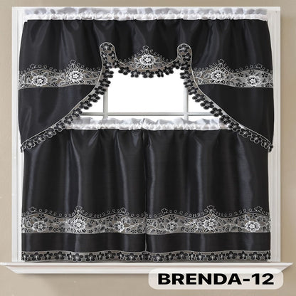 Kitchen Curtains 3 Piece Set Embroidered Satin Valance and Tiers – Rod Pocket Light Filtering Machine Washable 46 Colors