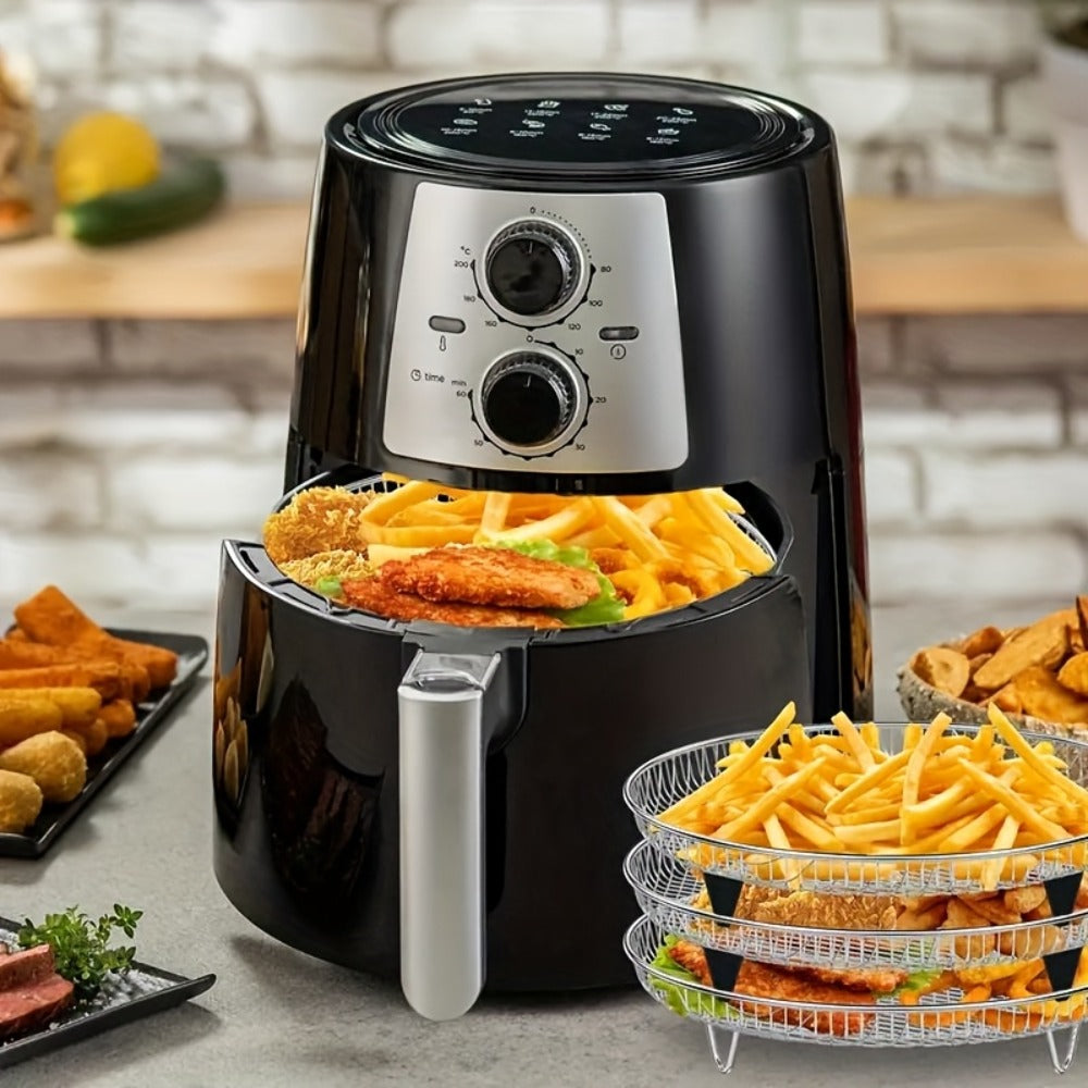 Seven-Piece Round Air Fryer Rack Set with Three Stackable Trays, One Handling Tool and Three Grips